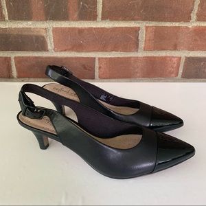 Collection by Clarks Linvale Emmy Black leather Cap-toe Mid Heel Slingback Pumps